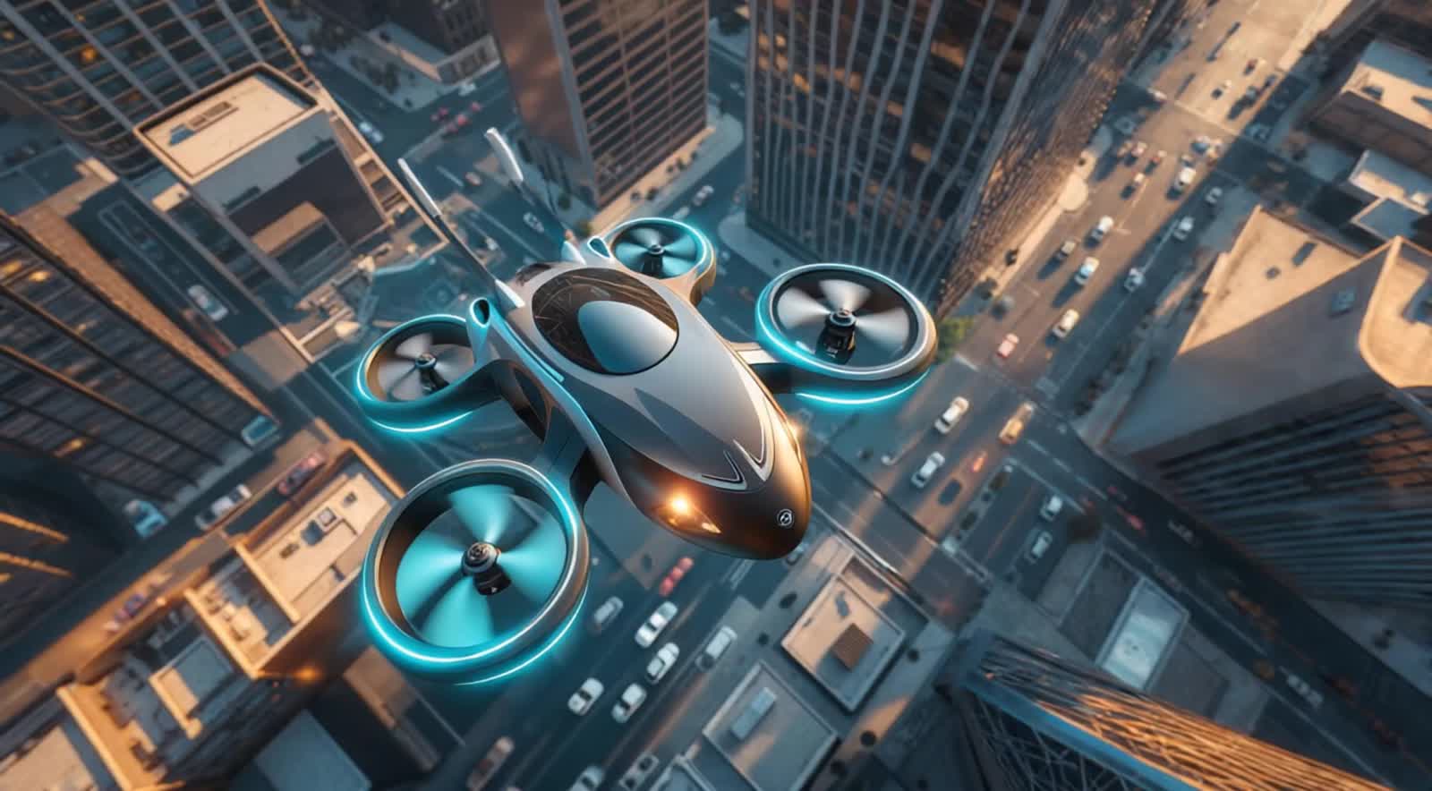 A 3D animated drone smoothly hovers above a bustling city, camera starting with a dramatic FPV drone shot, flying betwee...