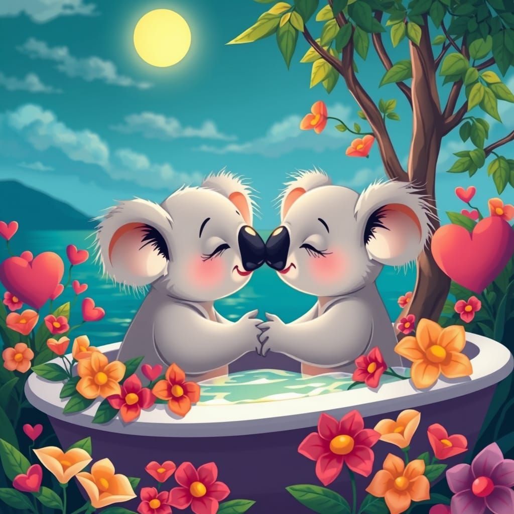 Whimsical Koalas Share a Tender Kiss Under the Moonlight