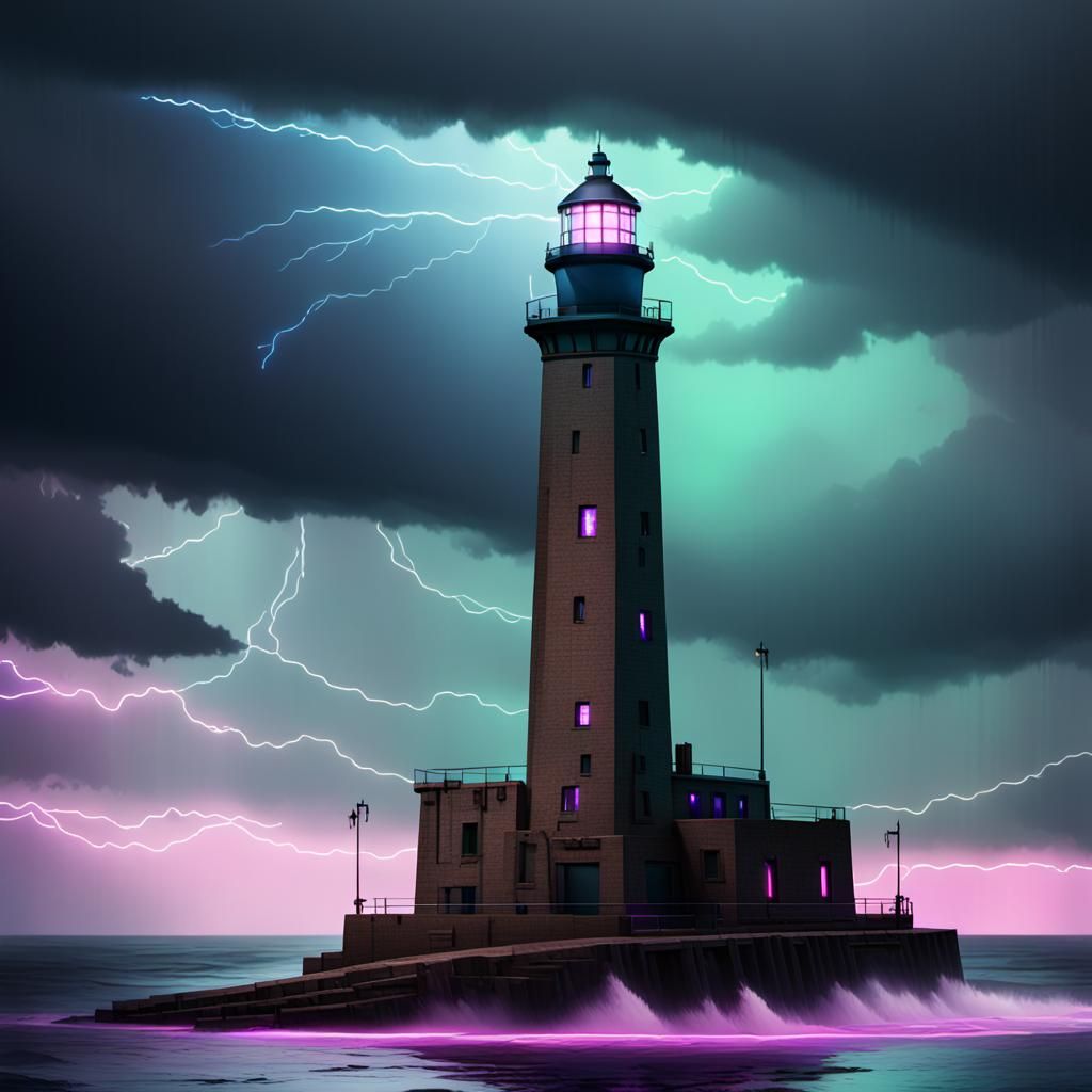 Estilo realista. Rayo de faro en tempestad. Olas de nueve metros y nubes de borrasca.