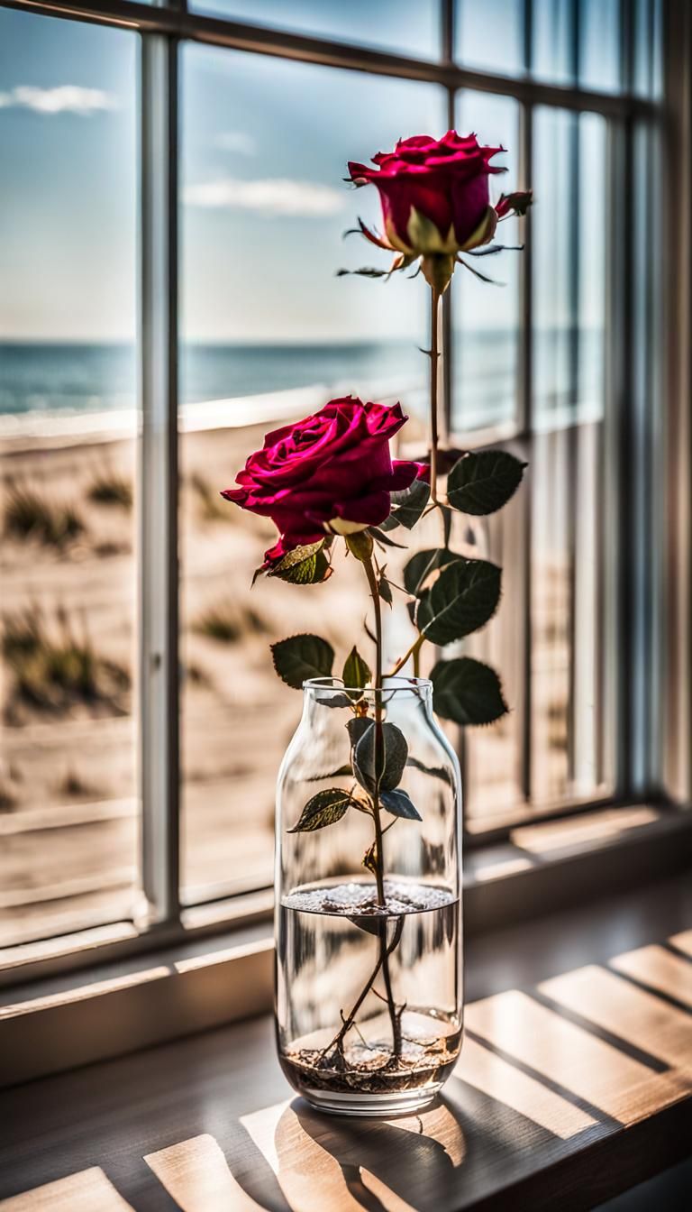 A wilted rose in a narrow clear glass vase with a heavy base...