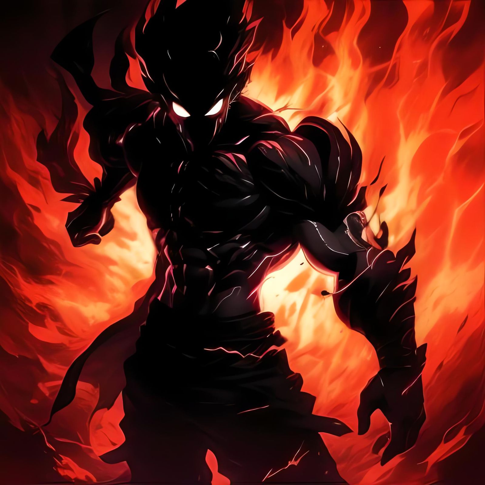 Dark silhouette muscular anime character glowing eyes fighting - AI ...