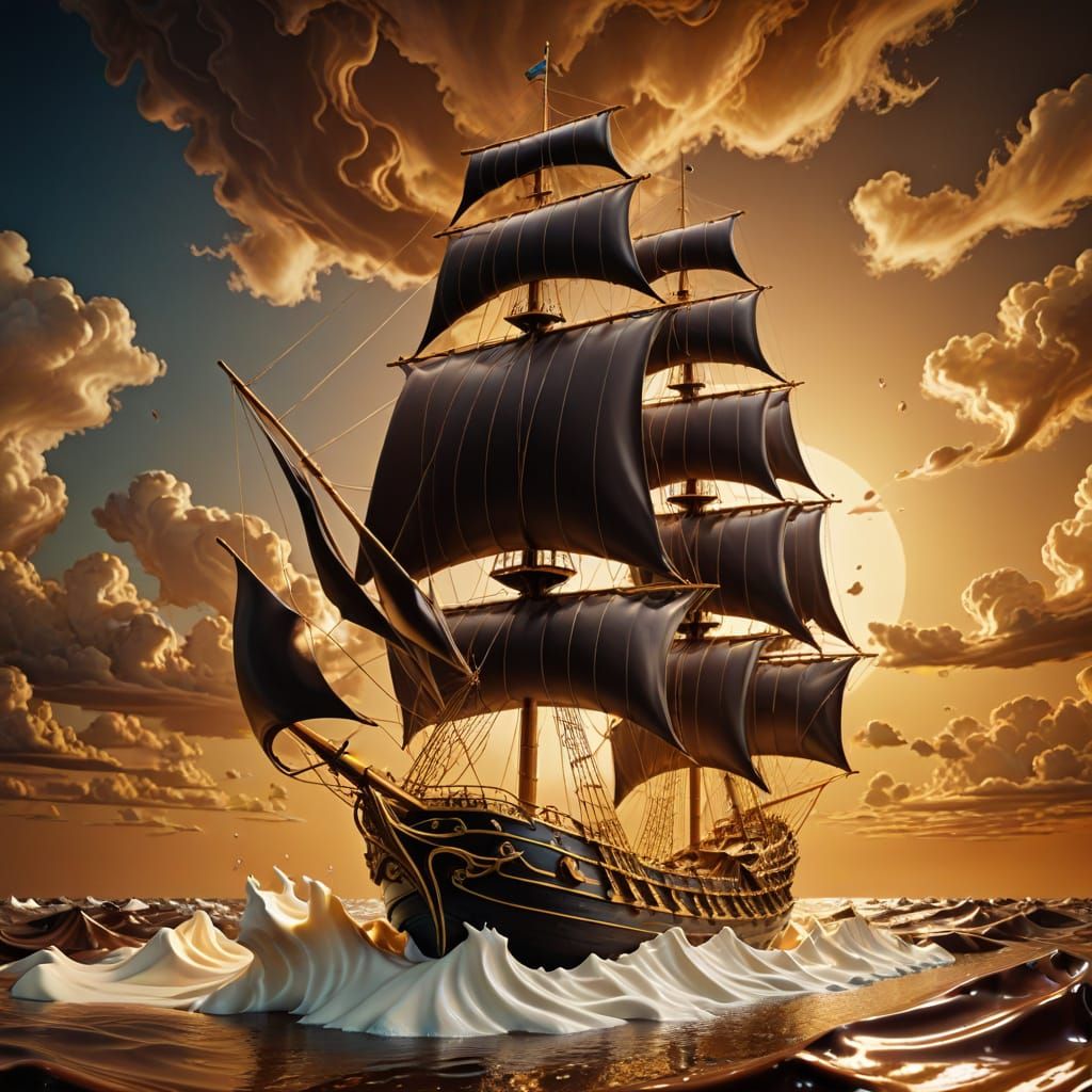 A Dark Chocolate Tall Ship on an Ocean of Chocolate Pudding with Whipped Cream White-Caps.  by @Morphesius 