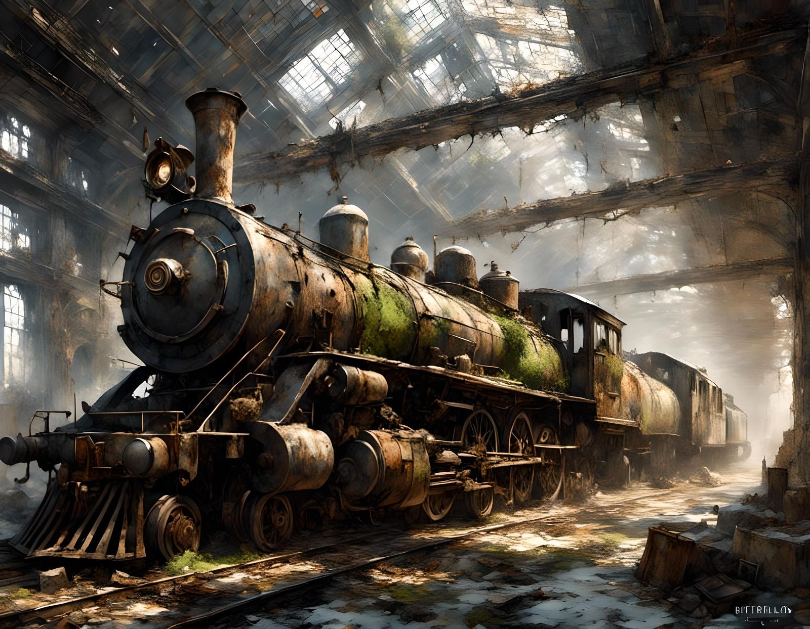 An abandoned factory for locomotives rusty and broken big dusty broken tall windows.  by @Vinylrenen
