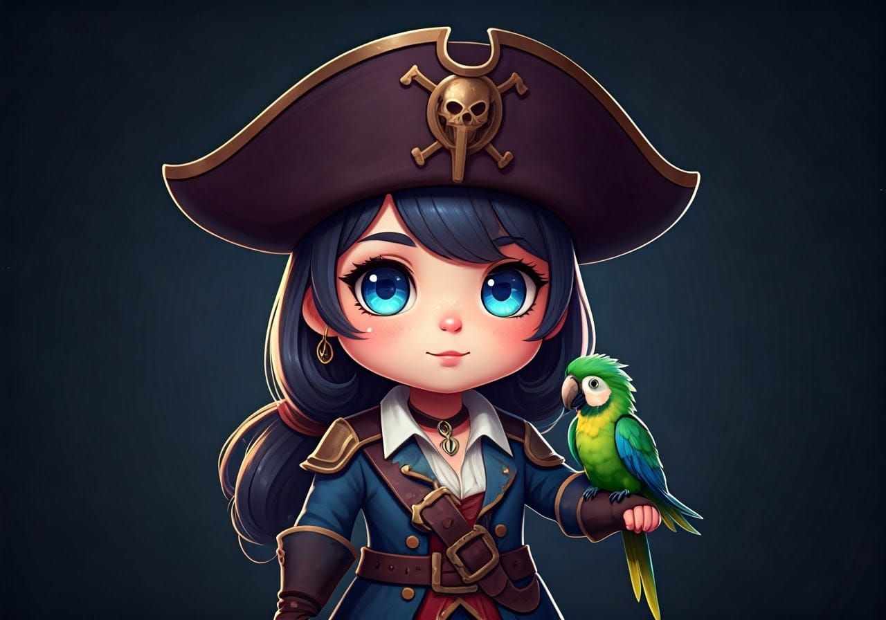 a cute chibi girl pirate, classic style, with a parrot on he...