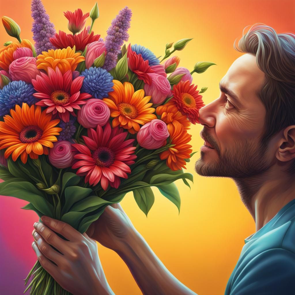 A man giving his mother a beautiful bouquet of bright colour...