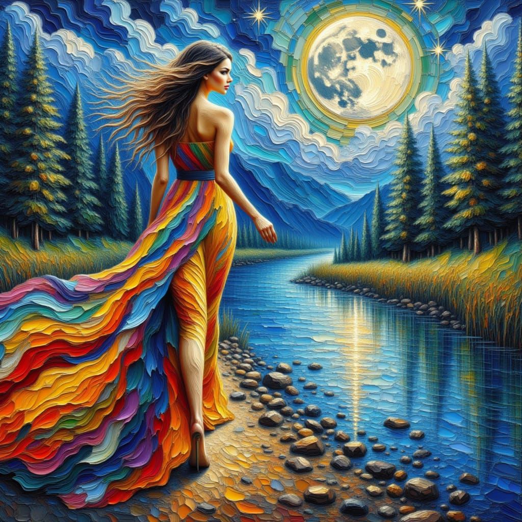 <lora:Craquelure Paint:1.0> A beautiful night landscape, a full moon, a river with the moonlight shining, a stunning woman walking along the...