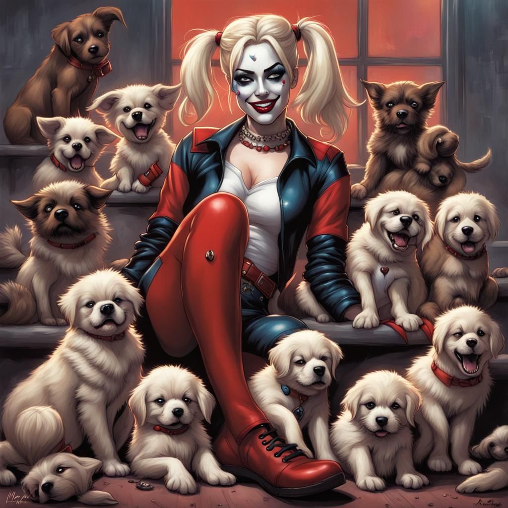 Harley Quinn surrounded by fluffy puppies  by @razorbladez2112