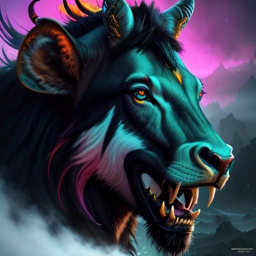 Wildebeest Hyperrealistic, splash art, concept art, mid shot, intricately detailed, color depth, dramatic, 2/3 face angl...