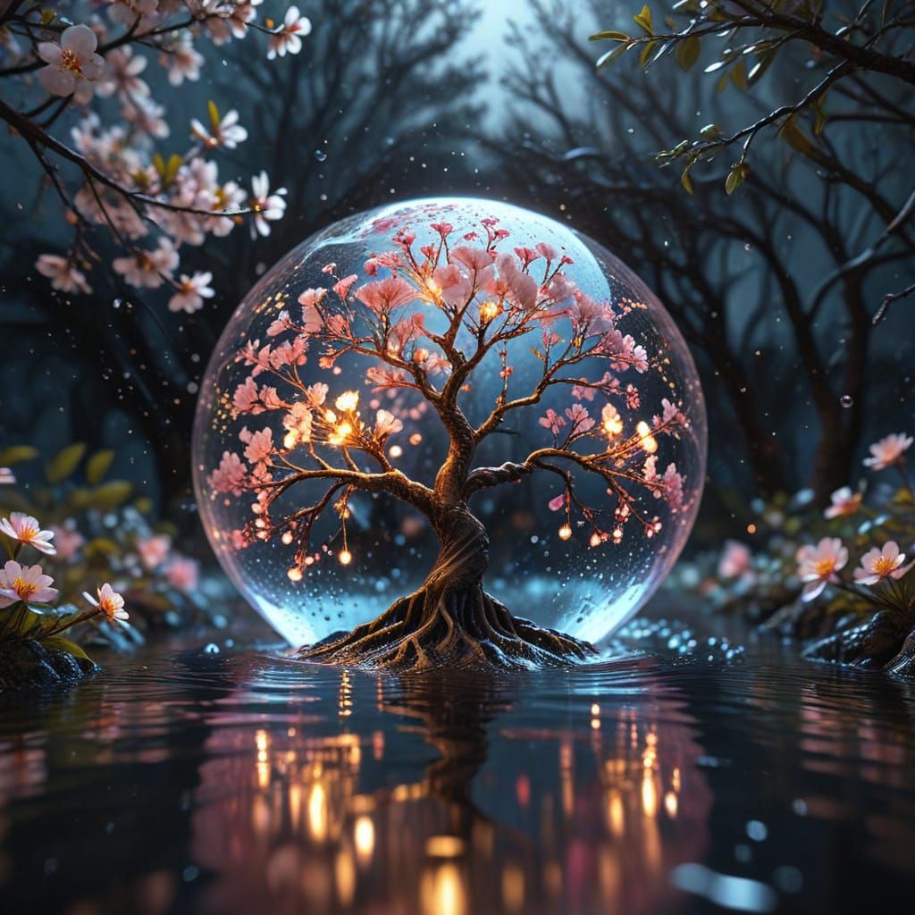 Sakura Tree of Life in a Drop of Water: Hyper-Realistic Digi...