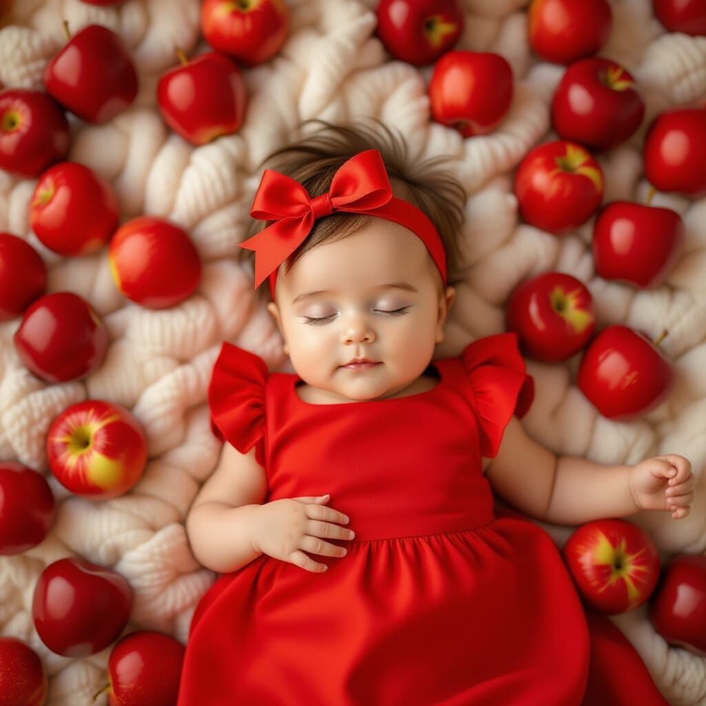 Baby Girl on Red Bed with Apples, Photorealistic Style