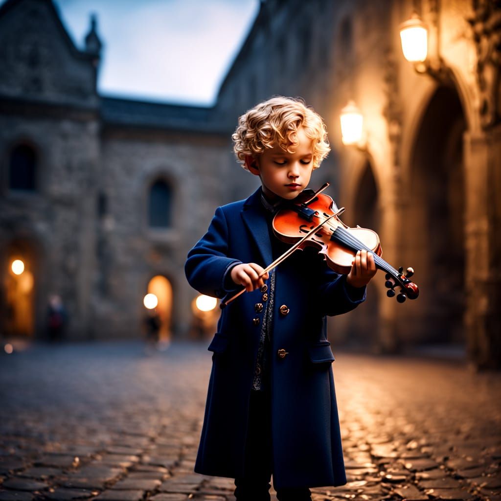 Young Boy Plays Violin in Candlelit Historic Hall