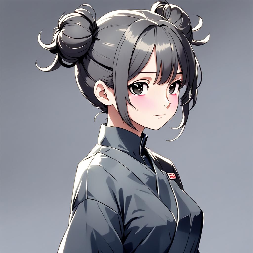 a lady in a tight dark grey bun