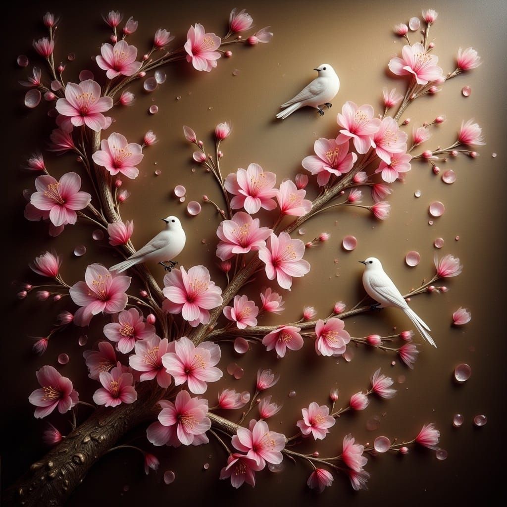 <lora:Dreamy Enchantment:1.0> A serene and vibrant pink tiny sakura petals blossom arrangement, accompanied by small white songbirds, oil-pa...