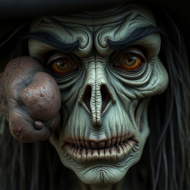 A close-up of a hideous, gaunt, Halloween-style witch's head