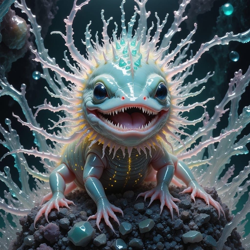 Mineral silicon baby gremlin lifeform with a pale polkadots glow from its center and translucent crystal body and limbs axolotl rows upon ro...