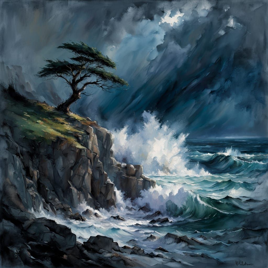 Stormy waves crash below a lone windswept tree