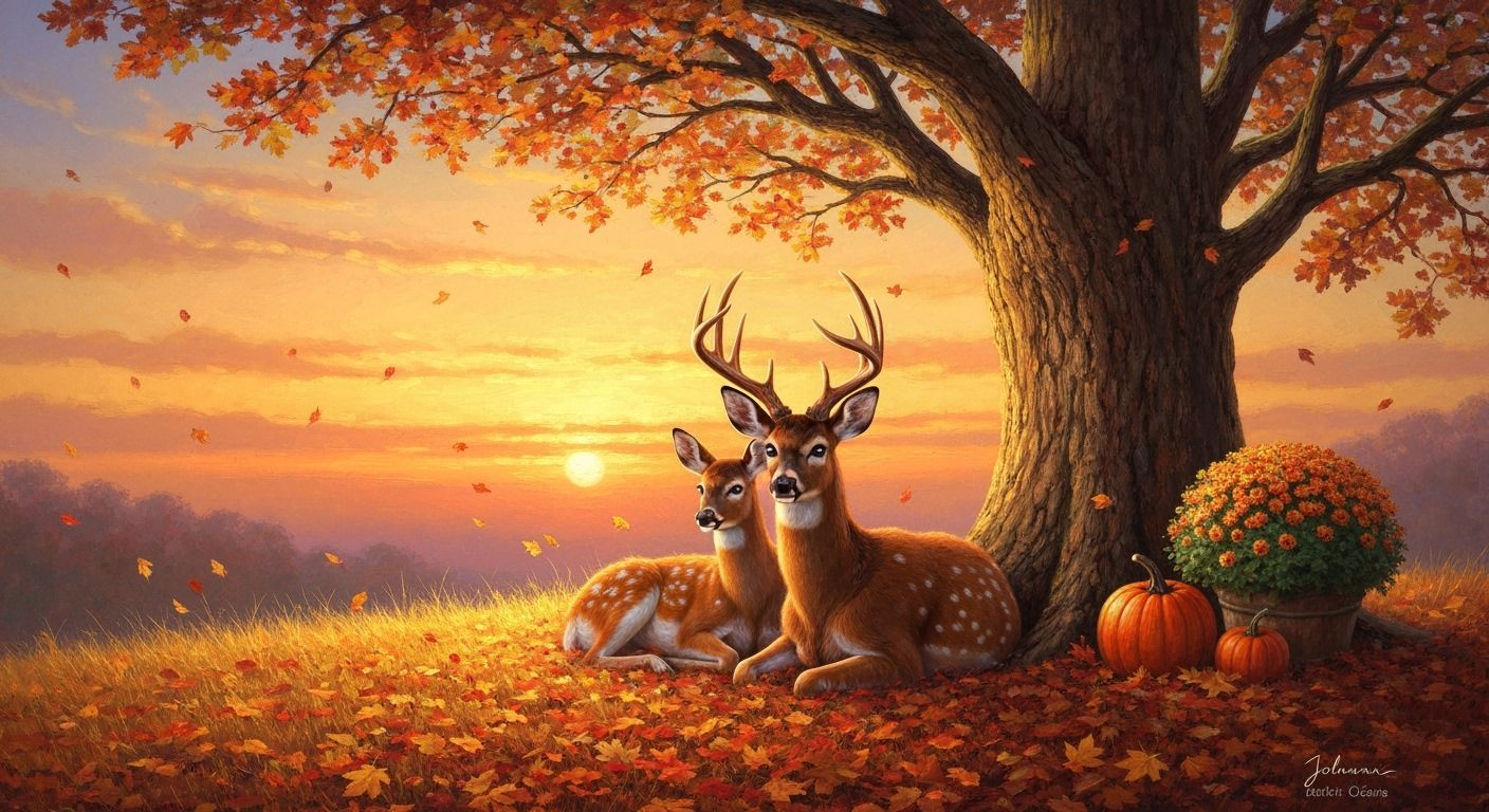 sunset sky fall  foilage oak tree mama deer and her doe lying amongst fallen leaves a mum and pumpkin ...  by @Elle