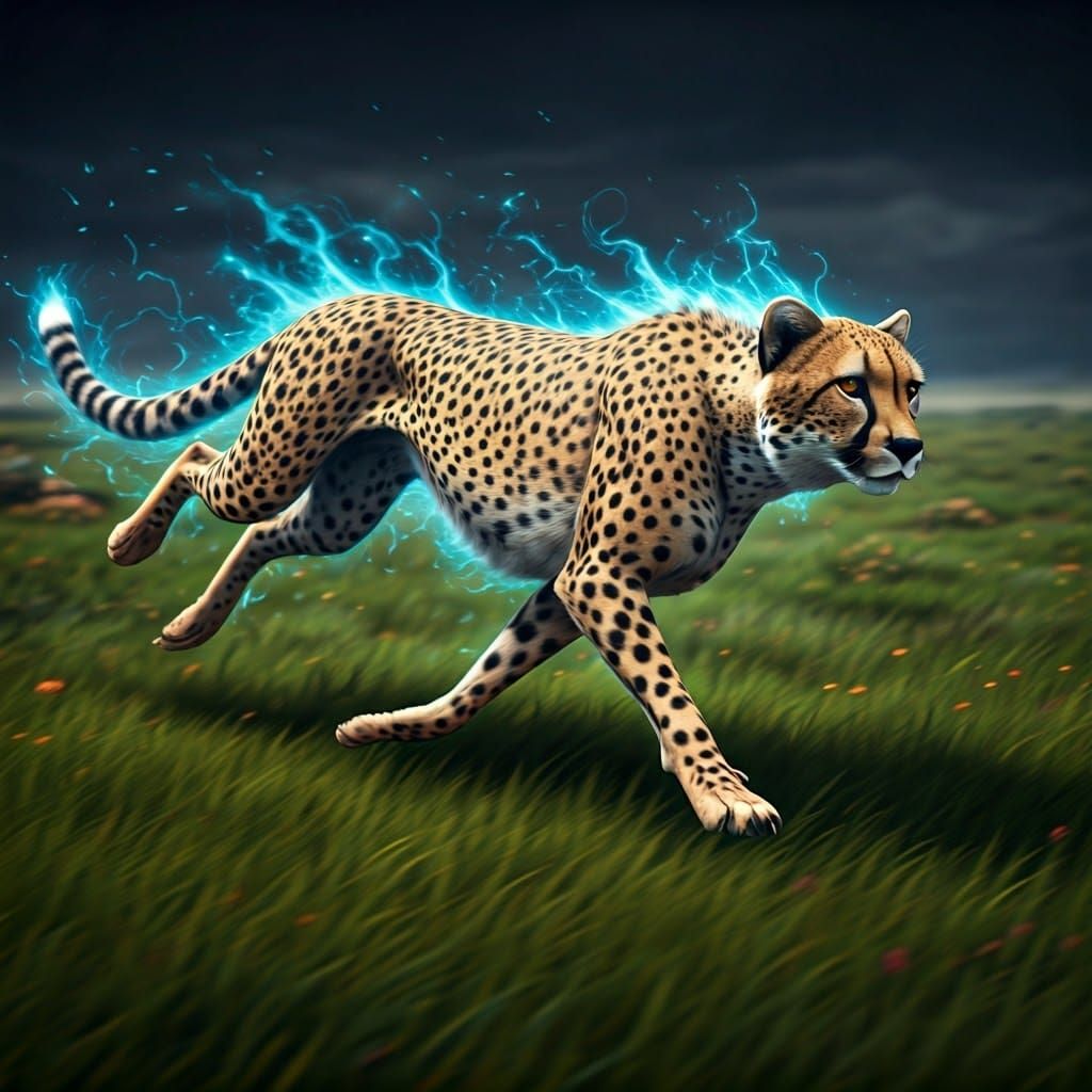 Cheetah, running with blue energy, on grass  by @The Saytha