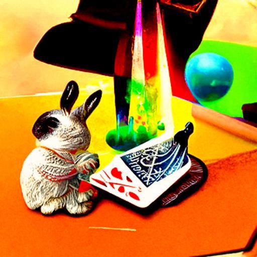 Playing cards shooting out of a magicians hat, white rabbit,...