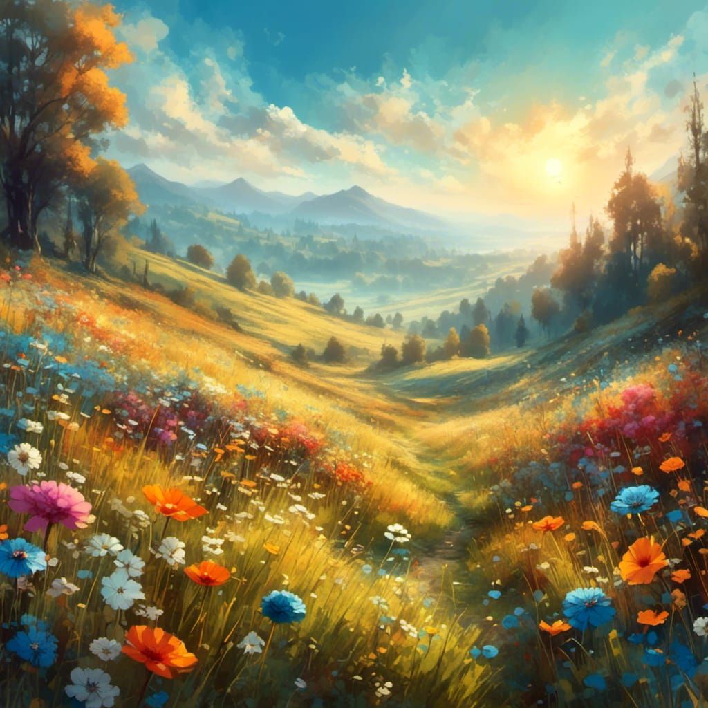 Beautiful flower meadow, sunny, blue sky, warm colors <lora:DetailedFantasy:1.0> 
