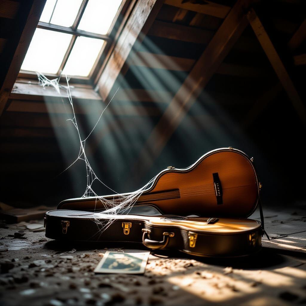 Worn Guitar Case in Dusty Attic: A Melancholy Scene