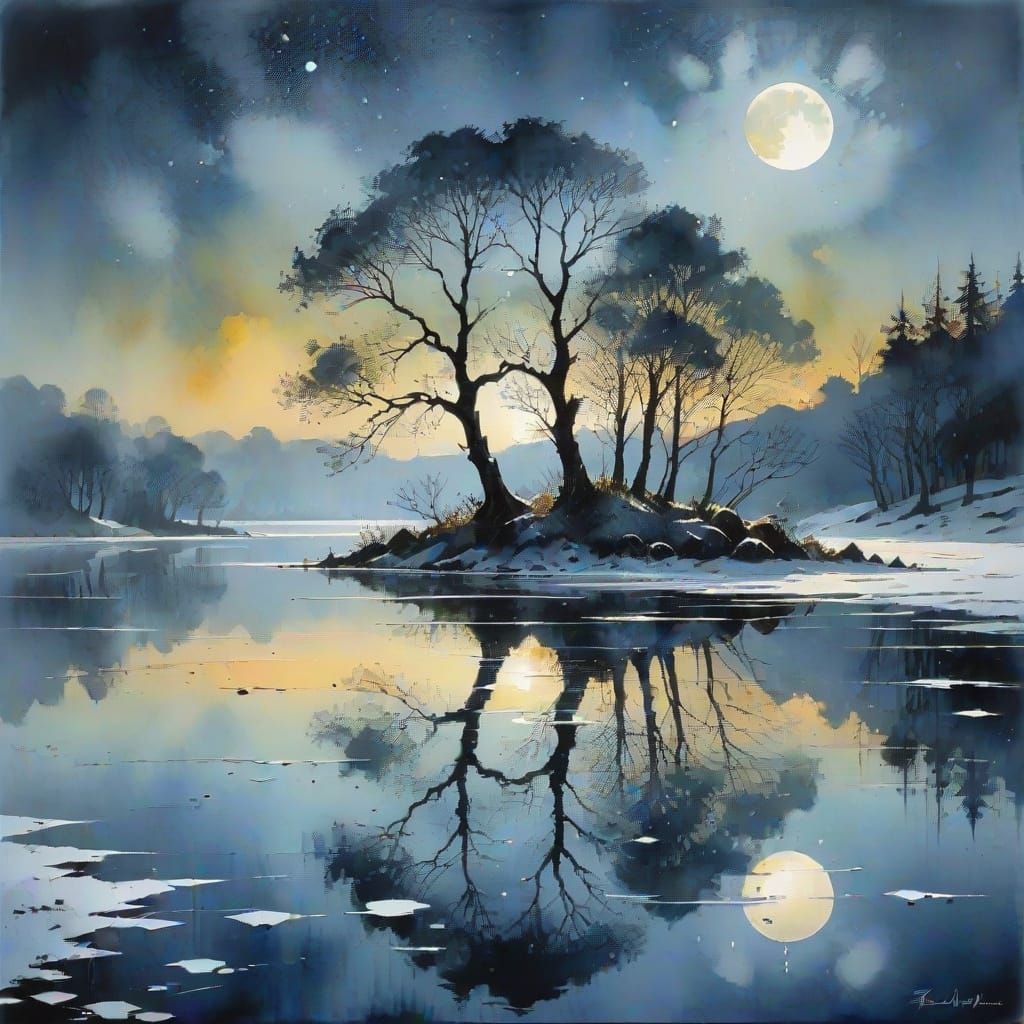 icy lake with reflections in the moonlight  by @Mapont
