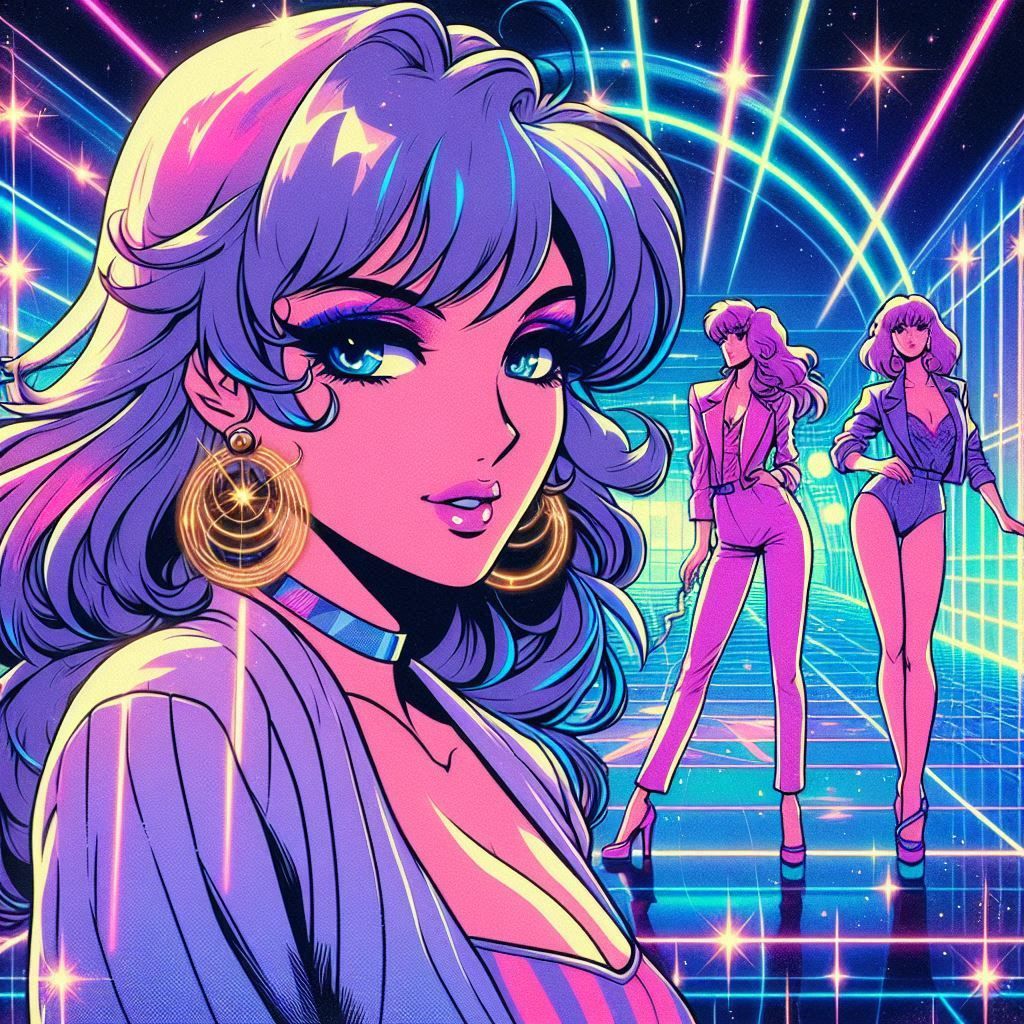a 1980s anime style image of a woman fashion model drawn in ...