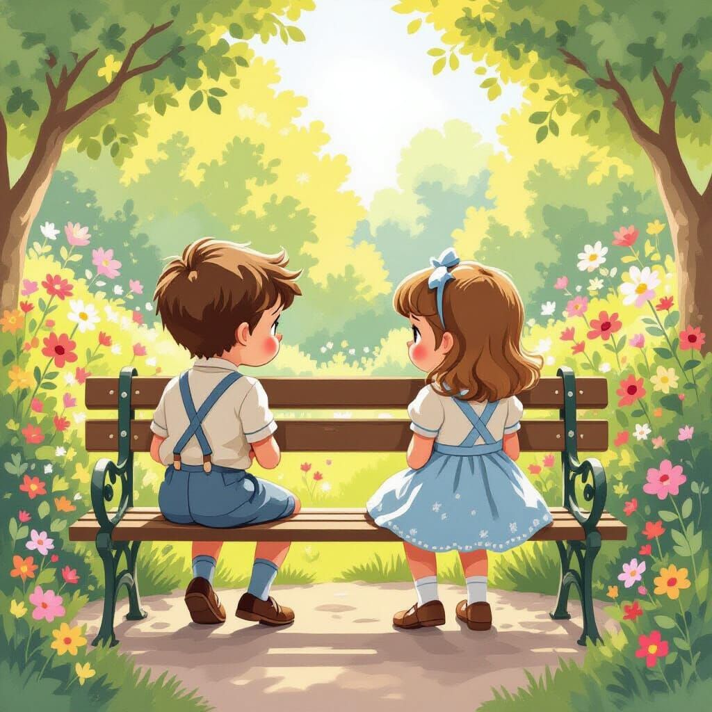 Twin Siblings' Angry Stare on Garden Bench