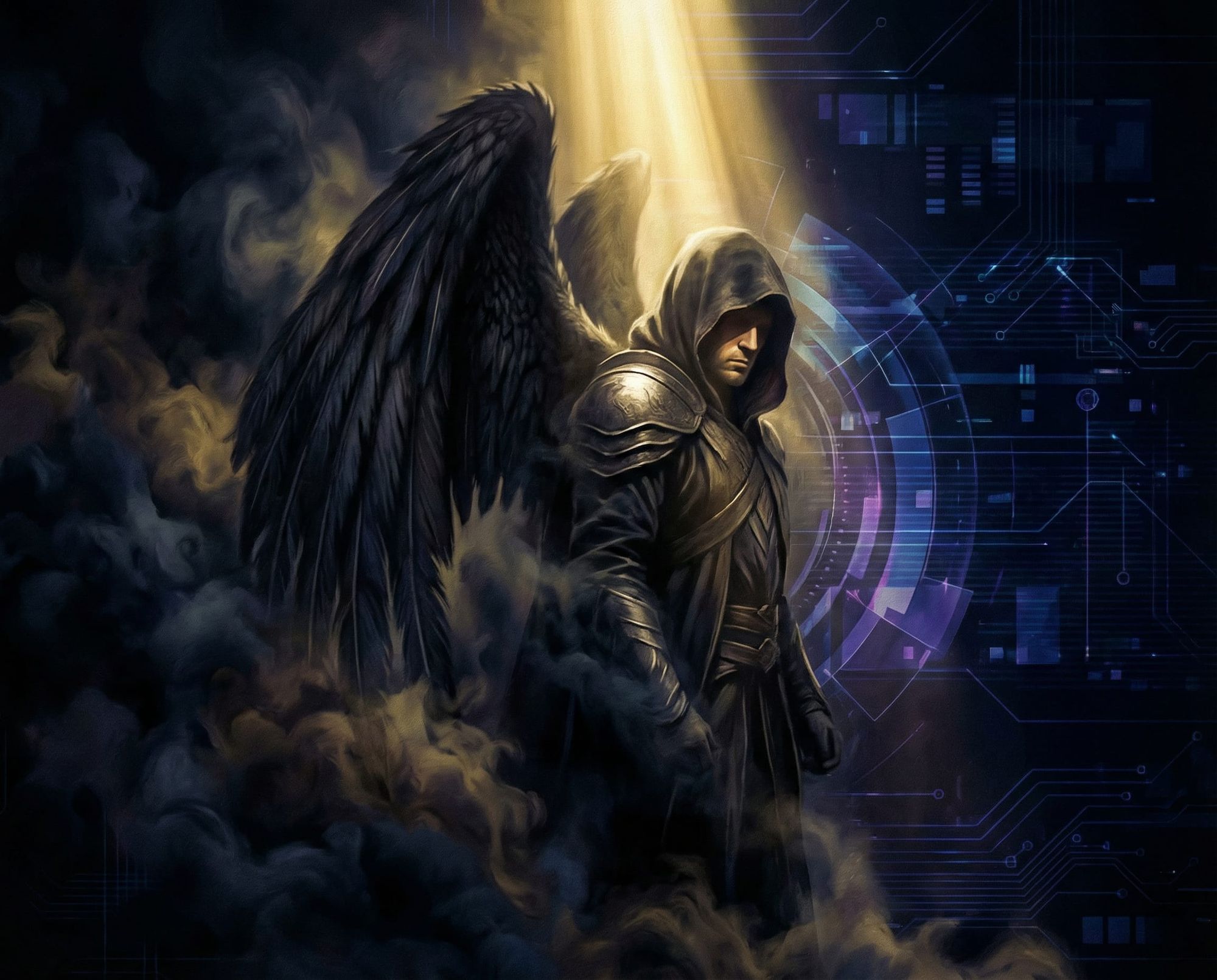 A majestic, ethereal Angel of Death, cloaked in shadows and illuminated by a single, divine beam of light. The background is a modern, abstr...