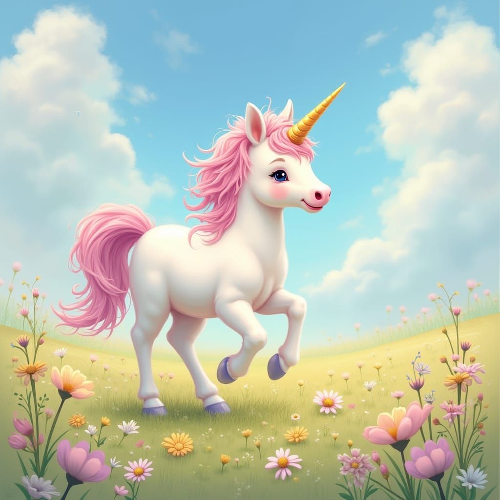 A tiny, fluffy unicorn foal with a shimmering horn, prancing through a field of rainbow-colored wildflowers under a sky filled with swirling...