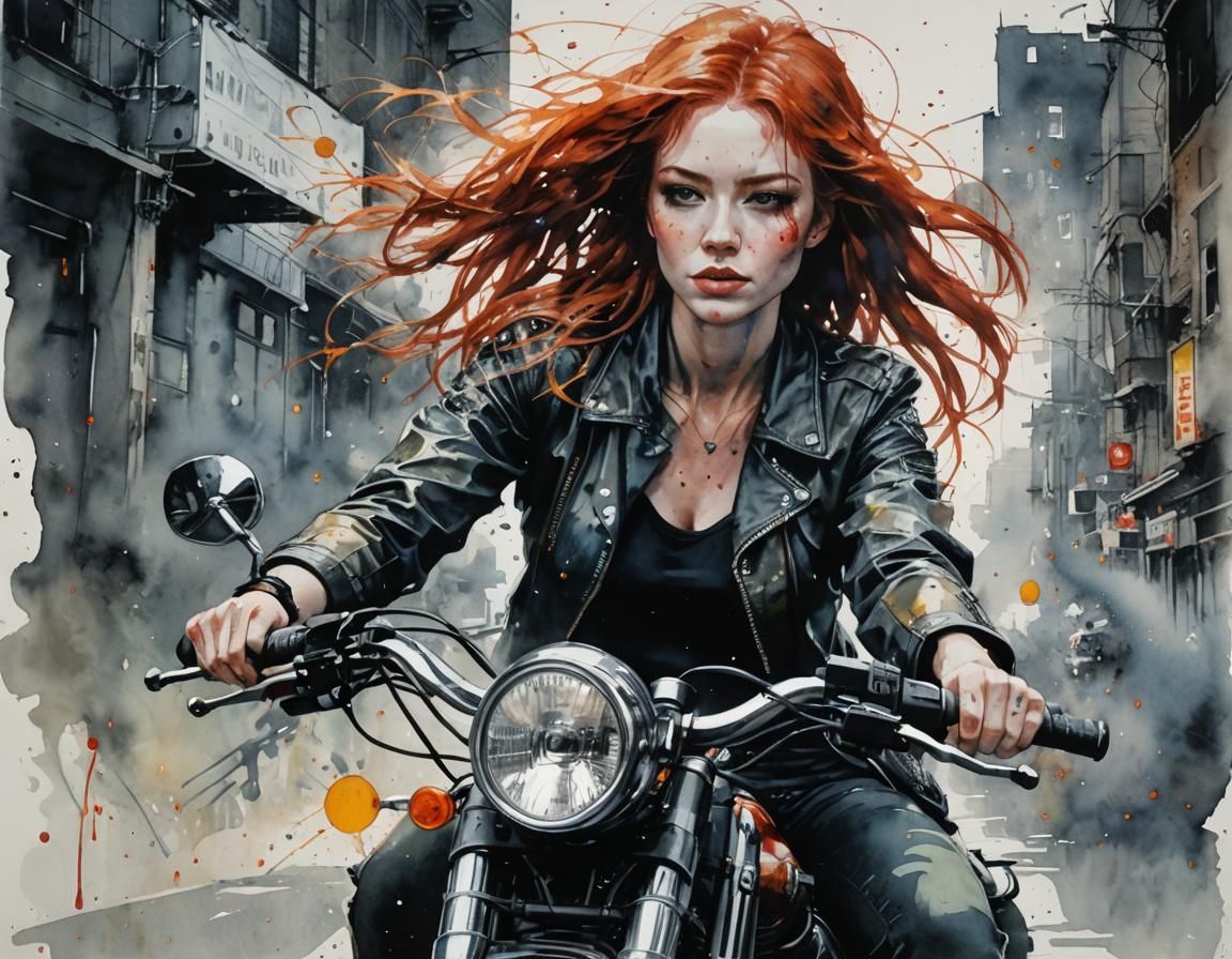 Beautiful redhead on a motorcycle   by @That cinema teacher