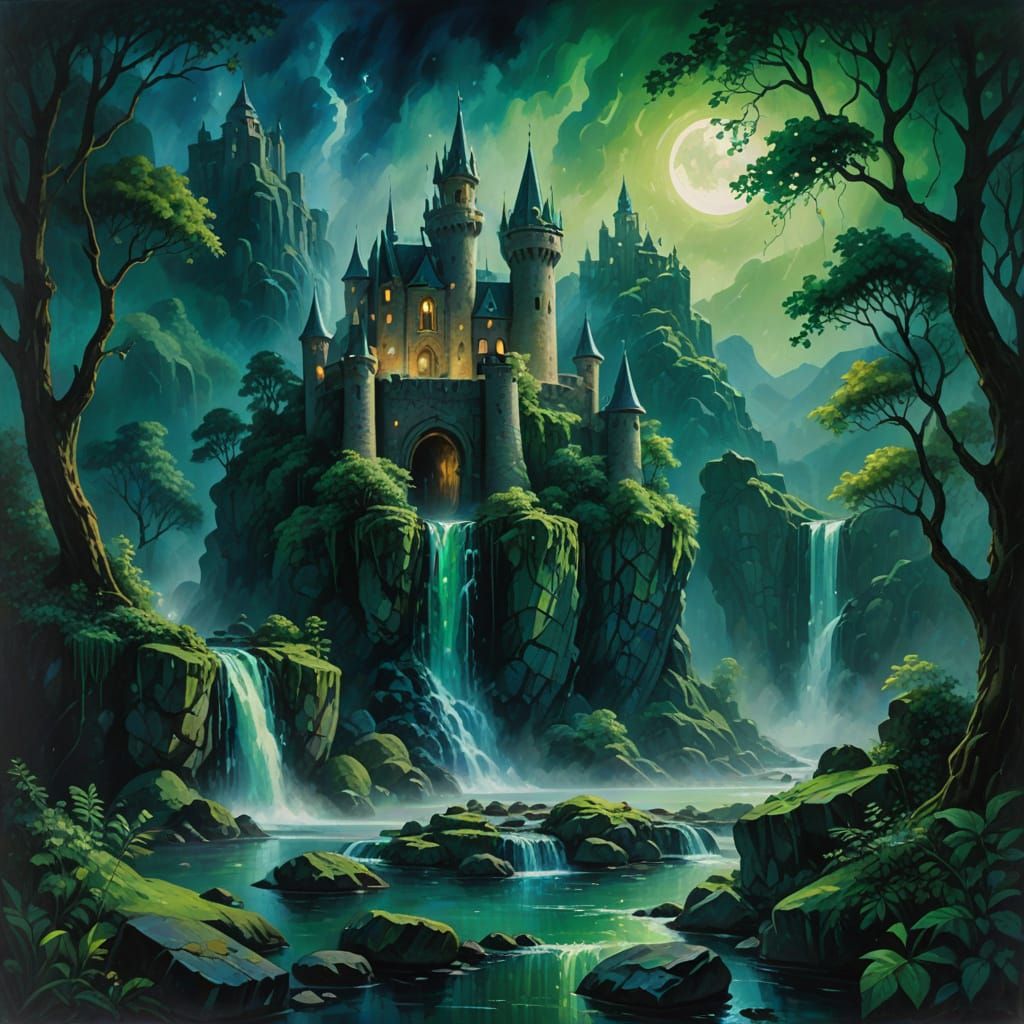 Mysterious Castle Waterfall Double Exposure Oil Painting