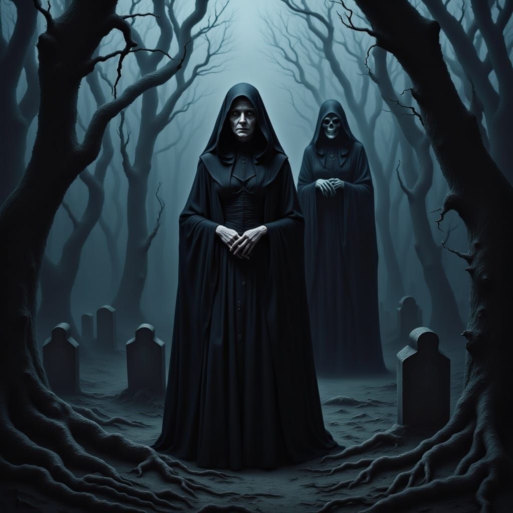old lady with the grim reaper <lora:Eerie Vibes V1:1.0> 