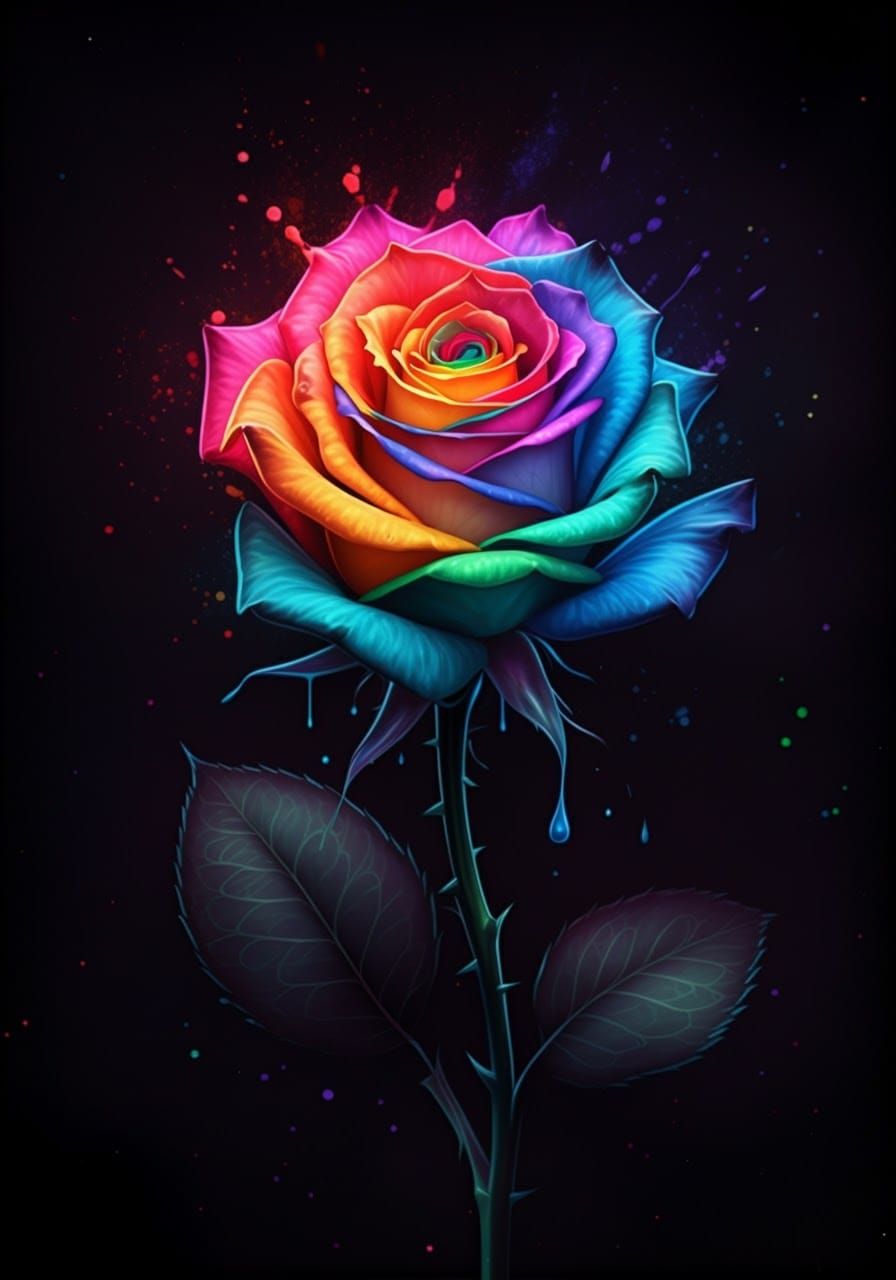 graceful rainbow color rose flower, stem visible, vibrant co...