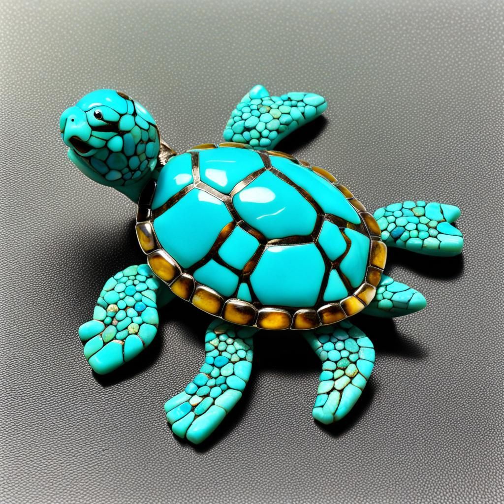 Turquoise turtle resting on top of a larger cabochon of solid turquoise ...