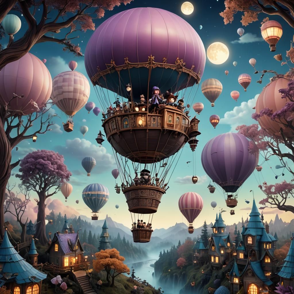 whimsical airship floating through a surreal forest