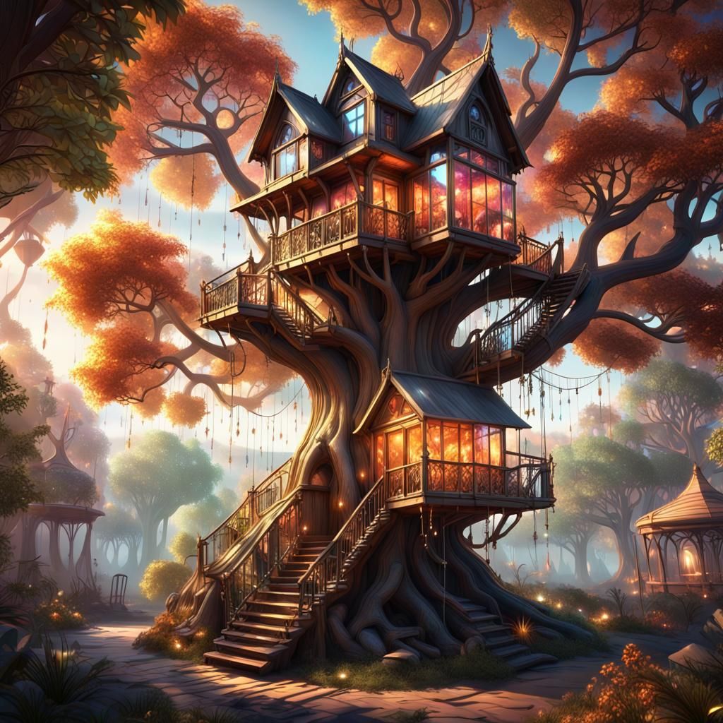 Pink fantasy treehouse in the clouds