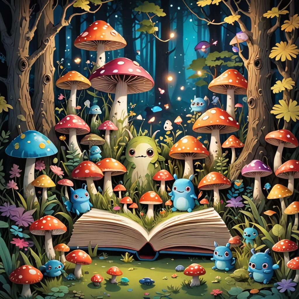 A whimsical and colorful open pop-up book with kawaii monste...