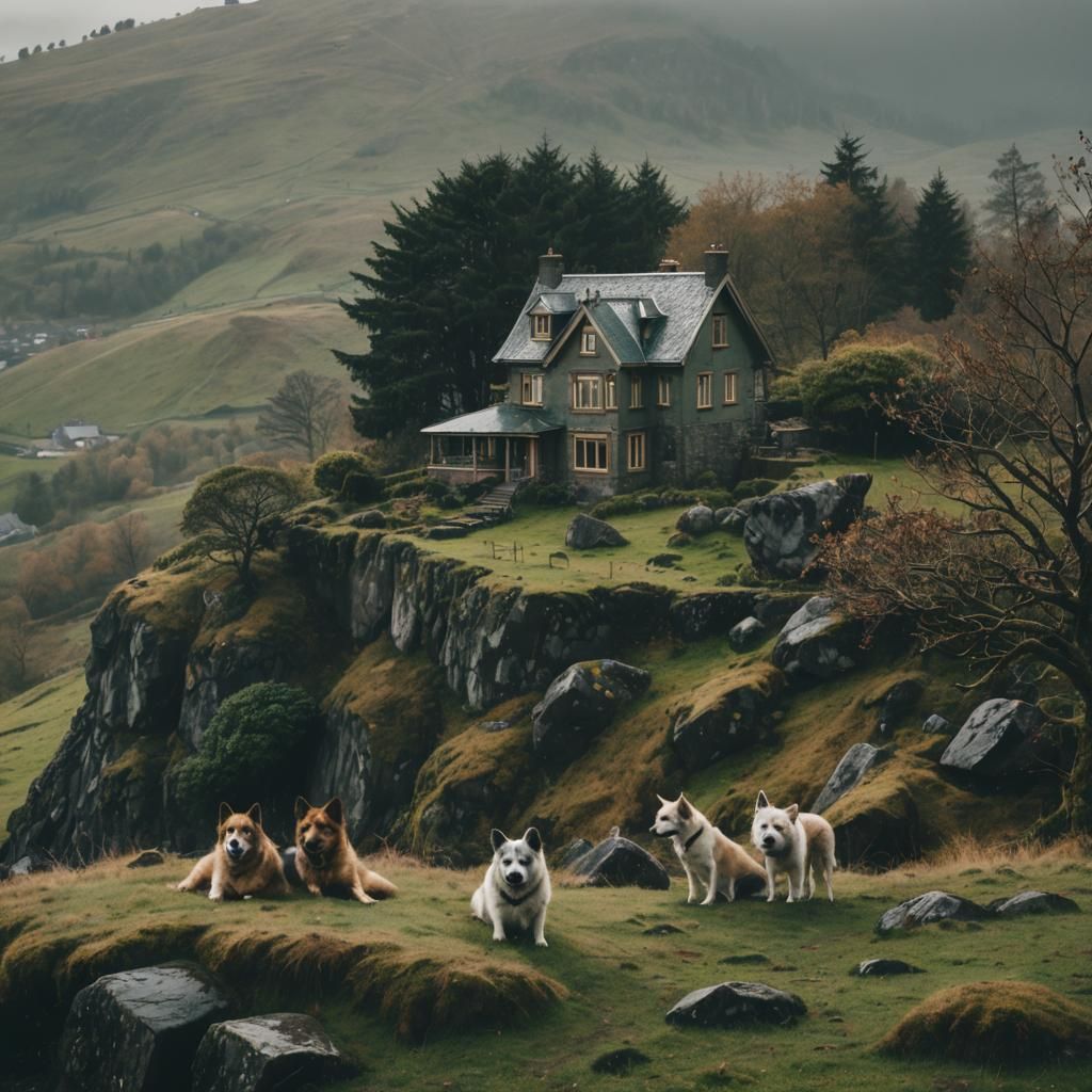 Moody Hilltop House Guarded by Dogs