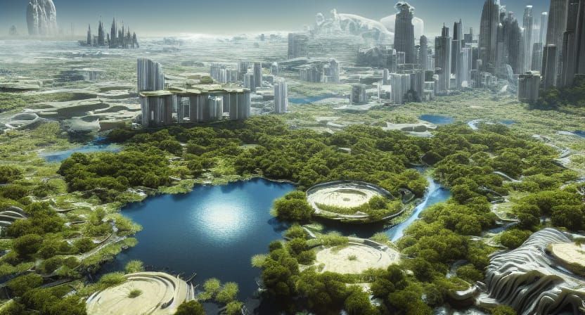 Detailed 4k photo of a modern city in a large crater on the Moon. With greenery, blue waters, waterfall ... undefined