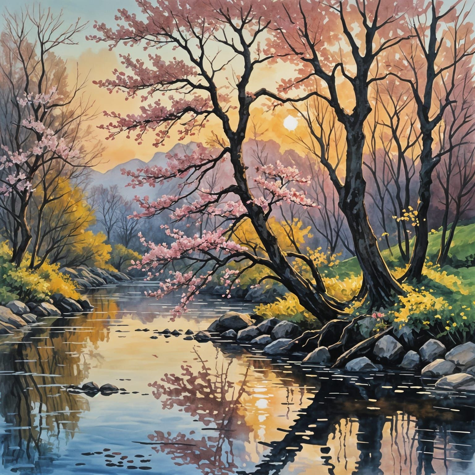 a beautiful sakura blossom tree at sunset on the side of a river