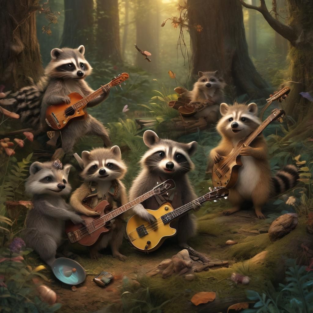 Musical Animals Play in Magical Forest Illustration