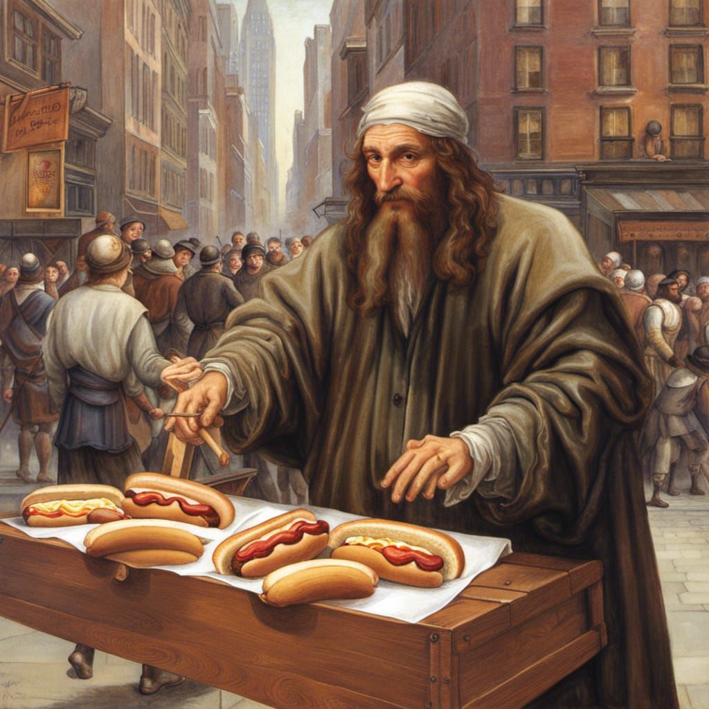 Leonardo DaVinci selling hot dogs in New York  by @Justin Skeen