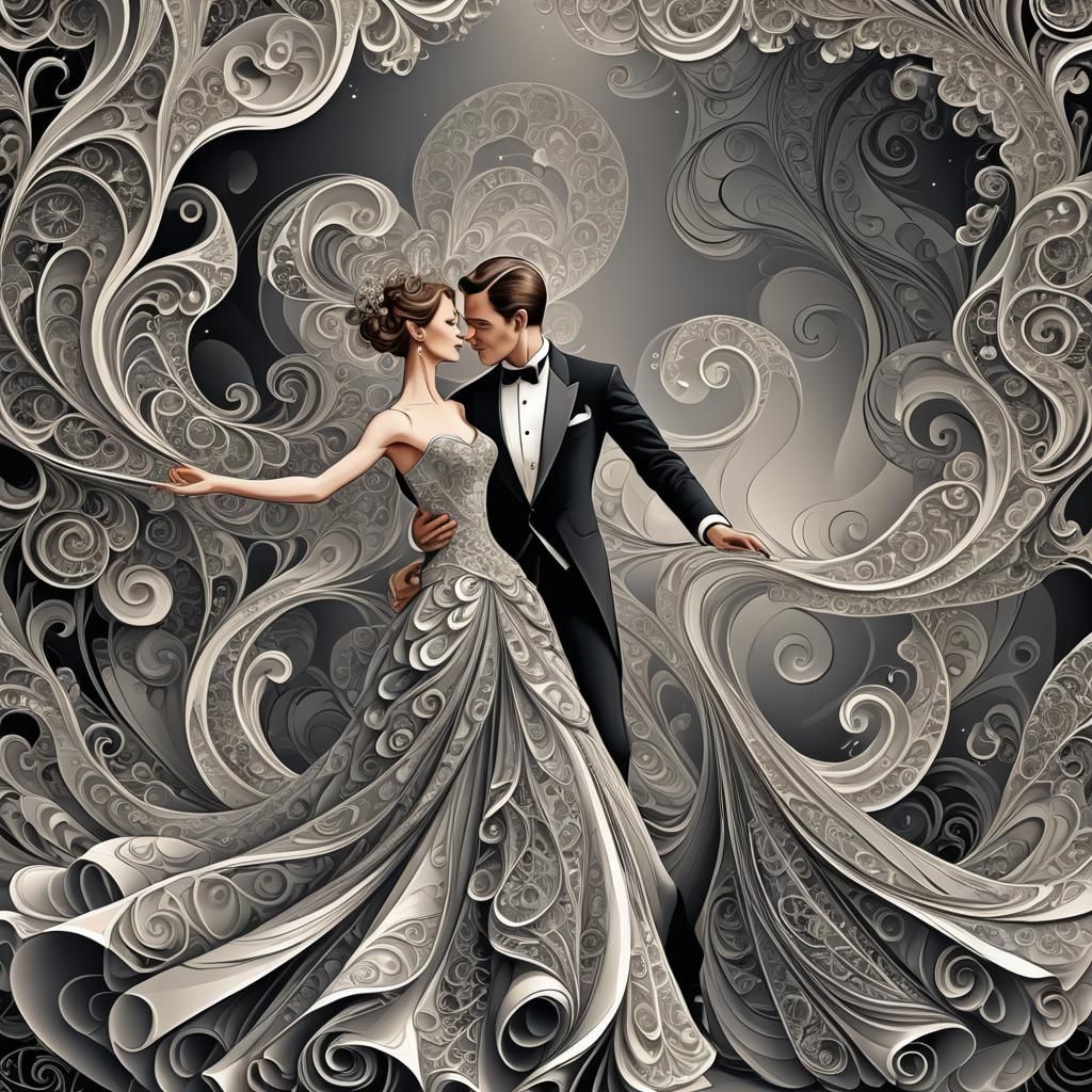 A woman in a fancy ball gown dancing with a tall man with a ...