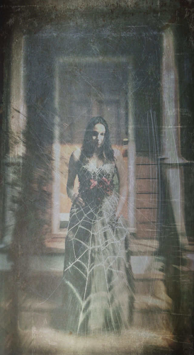 An ancient prom princess with a sparkling tiara; wearing a g...