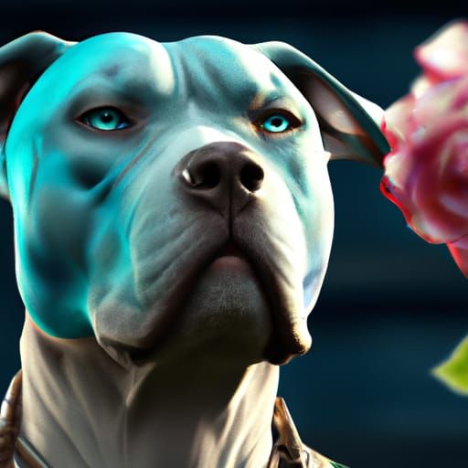 Pitbull dog sees a rose