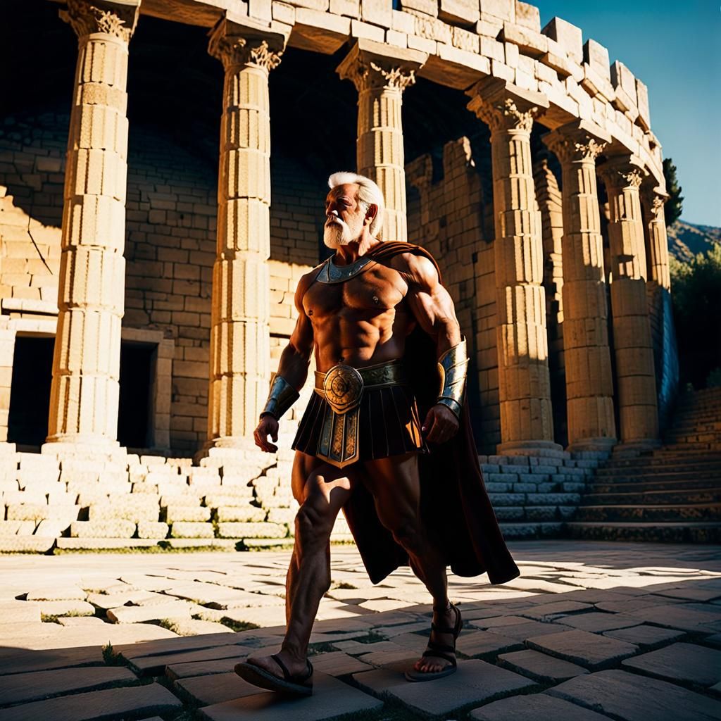 80 year old spartan with bodybuilder body in a tunic walking...
