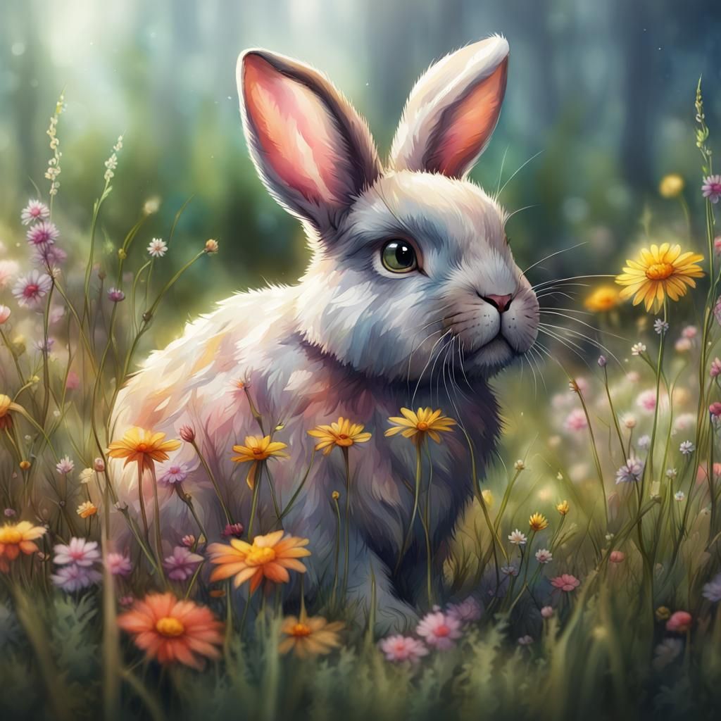 Cute bunny in the grass and flowers watercolor painting