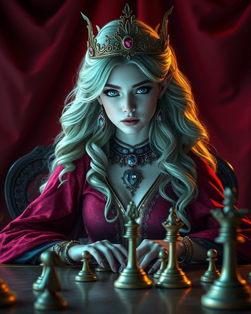 Elven Goddess at Chessboard: Anime Art