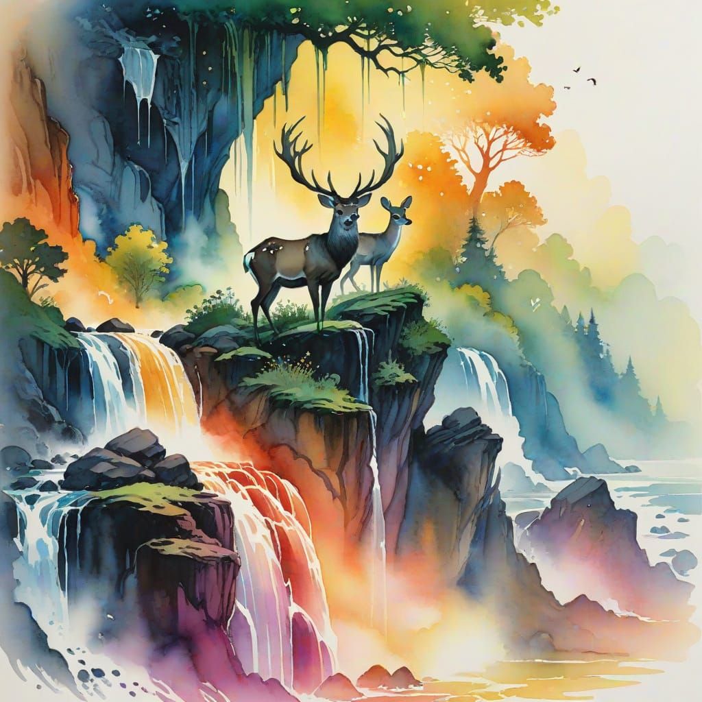 Whimsical Deer in Golden Hour Watercolor